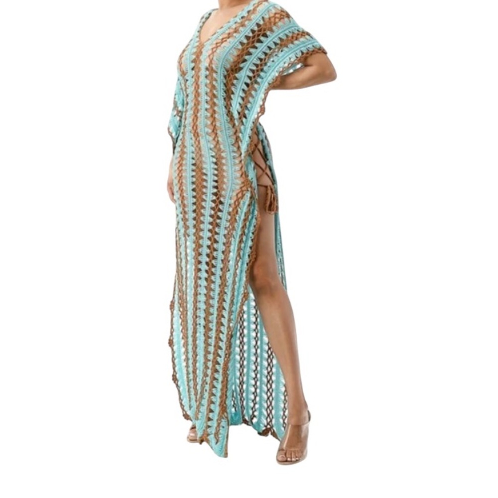 Crochet Tunic,coverup,Turquoise,brown dress,Bohemian,Swim,M/L,New - Picture 11 of 12